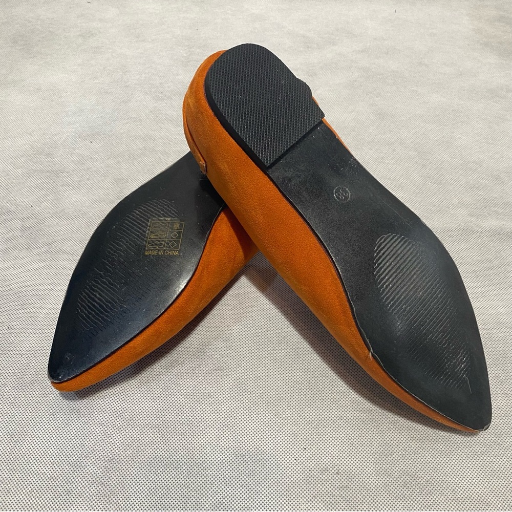 Chic Orange/Rust Suede-like Pointed-Toe Flats with Gold Buckle - Picture 6 of 6